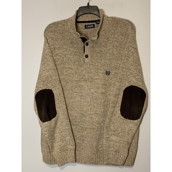 Chaps Knit Sweater Men's Corduroy Elbow Patches Tan Casual 100% Cotton, XL - Picture 1 of 7